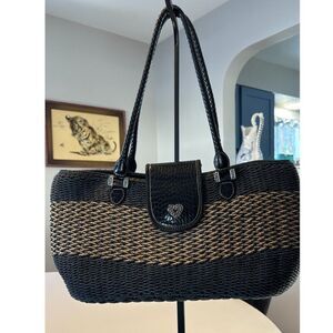 Brighton Savannah Straw Black/Tan Woven Straw Croc Leather Tote